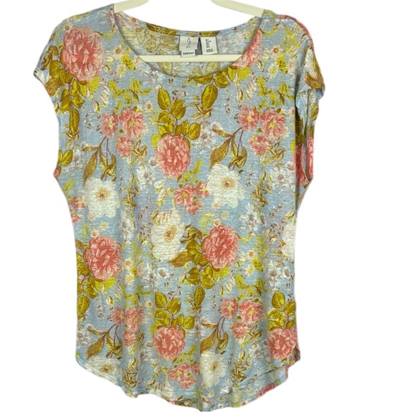 Joie 100% Linen Pink White and Blue Cap Sleeve Floral T-Shirt Size Large - Picture 1 of 8